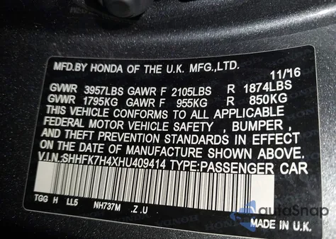 2017 Honda Civic Sport из США, поврежденный, VIN SHHFK7H4XHU409414